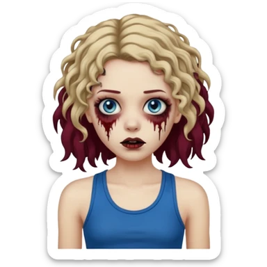 Crie um emoji de uma garota zumbi, como esta: "🧟‍♀️'. Porém invés da camiseta, uma regata fina e de cor preta, os cabelos loiros escuros na altura do ombro e picotado, liso na raiz e cacheado nas pontas, com mechas azuis nas mechas da frente e a parte de trás pintada de vermelho vinho sticker