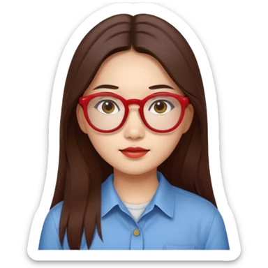 20 yr old asian woman, straight thick long brown hair, middle part, big red glasses, brown eyes, casual shirt sticker
