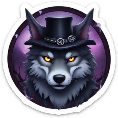 demonic wolf with a pentagram top hat and a pentagram chain with a haunting night background sticker