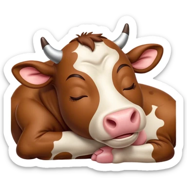Meme-Worthy Cute Sleeping Brown Cow Portrait Emoji, Head resting peacefully with a contented smile, showcasing a robust build and a luxuriously soft deep brown hide, eyes shut in a serene, restful nap, Simplified yet hilariously adorable features, highly detailed, glowing with a soft, drowsy light, high shine, relaxed and utterly lovable, stylized with an air of playful laziness, bright and heartwarming, soft glowing outline, capturing the essence of a comically sleepy cow, so meme-worthy it feels like it could instantly become the next viral sensation of adorable slumber! sticker
