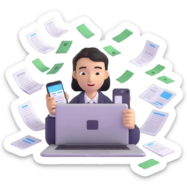 person holding a phone in one hand, laptop open in front, storm of receipts, invoices, and reminders swirling around, multitasking chaos sticker