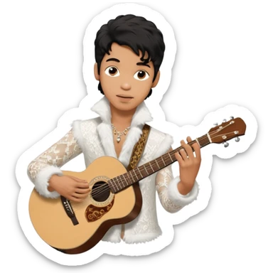 Cinematic realistic portrait of Singer Prince in a guitar pose in white lace and fur from the Round the World in a Day album tour sticker
