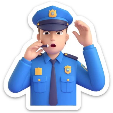3D style police officer, facing forward, blowing a whistle, hand up to stop, realistic uniform, expressive face, subtle shading sticker