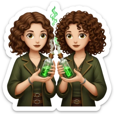 two forest alchemist women one long wavy brown hair tattoos one short tight curly brown hair clinking glowing vials sticker