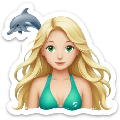 Long blonde hair girl with green eyes at the ocean with music notes and dolphins  sticker