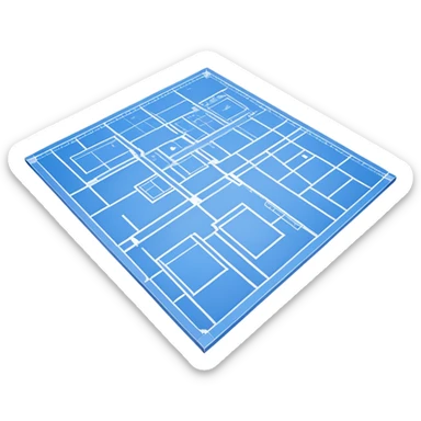 blue blueprint plan with white lines, perspective view showing both side and top sticker