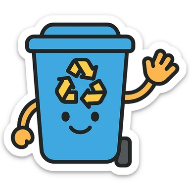 blue recycling bin with a big smile, waving hand sticker