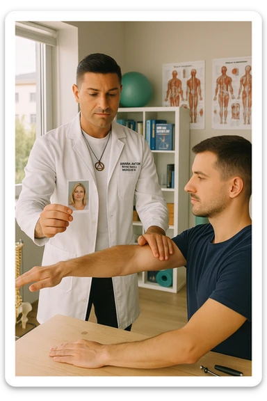 a middle-aged man, dressed in casual professional attire, is in a bright, organized therapy studio. Durante una visita di kinesiologia, il ragazzo tiene con una mano la foto di una persona lontana (il “testimone”) tiene la foto in mano, mentre con l’altra mano esegue un test muscolare su un cliente presente senza foto. Sullo sfondo si vedono libri di kinesiologia, poster anatomici e strumenti tipici della disciplina. L’atmosfera è concentrata e serena, con luce naturale che entra dalla finestra, sottolineando l’aspetto alternativo e umano della pratica. sticker