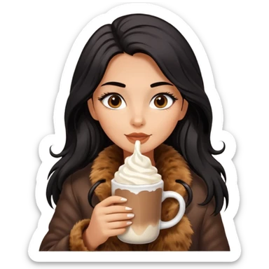 Tanned Girl with lashes , bright black long hair, in an extremely big fluffy brown fur mustang, and drinking hot chocolate drink sticker