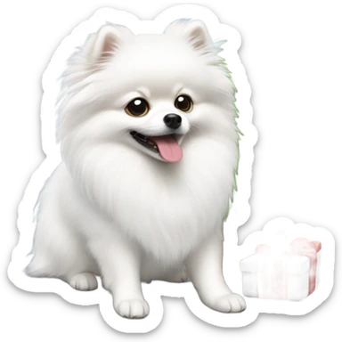 White Pomeranian with Christmas tree sticker