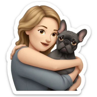 light brown hair woman hugging a dark gray french bulldog sticker