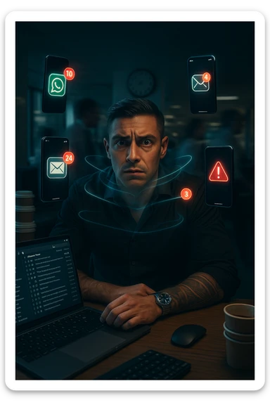 A highly realistic, cinematic portrait of a young man in his early 30s with a tired, tense expression, sitting at his modern office desk surrounded by multiple smartphones with glowing notification bubbles (WhatsApp, emails, alerts) hovering around him like aggressive neon icons. His posture is hunched, shoulders raised, eyes slightly wide, and jaw clenched, representing constant hyper-vigilance and stress. The environment is a cold, cluttered workspace with a laptop displaying endless emails and Slack notifications, coffee cups stacked nearby, and a clock showing late hours, symbolizing the relentless pace of modern work life. Behind him, ghostly blurred figures rush by in a fast-motion effect, representing the constant rush and societal pressure. A faint, tight grey aura wraps around his chest and head, symbolizing blocked breathing and mental tension, while faint blue light tries to push through, representing the body’s desire to find calm. The lighting is harsh and cool, with a 35mm hyperrealistic film style, shallow depth of field focusing on the man’s stressed face and the floating notifications, illustrating the modern trap of always being on alert. sticker