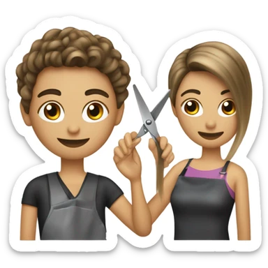 “Create an emoji depicting a hairdresser styling a client’s hair. The hairdresser is holding scissors or a comb, and the client is sitting on a chair. Include details such as the client’s hair and professional tools in the hairdresser’s hands.” sticker