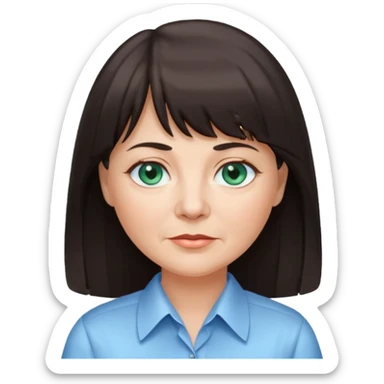 60 yr old woman, blue green eyes, long straight dark brown hair, business shirt, chubby, bangs sticker