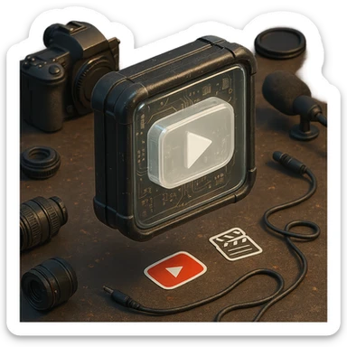 white YouTube play button inside a scratched black toolbox-like case, surrounded by video production gear, camera parts, stickers, cables, real-life artist studio, casual lighting, grounded and textured environment sticker