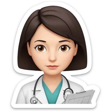 A female doctor in her 50s with visible facial wrinkles, dark brown short bob hair, looking down at and focusing on a medical chart. sticker