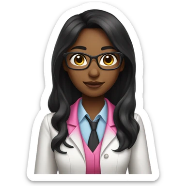 Black young beautiful female idol scientist with long black hair and medium skin tone with pink accents sticker