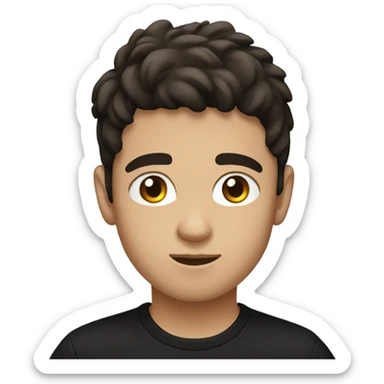 teenage boy with dark brown hair and black t shirt sticker