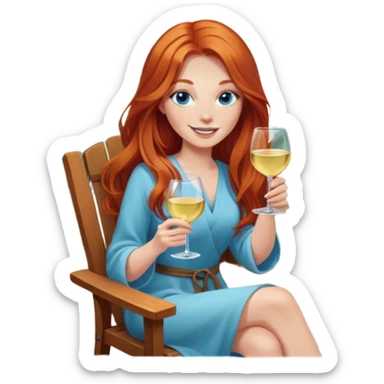 Happy redhead with long hair and blue eyes holding white wine sitting in chair beside firepit sticker