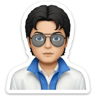 Michael Jackson is white, wearing completely black smokey Ray-Ban glasses, a white jacket, and a blue shirt. sticker