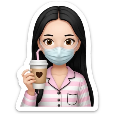chica de pelo lacio color negro cabellera larga piyama blanca con rayas rosa claras peo no tan claras no oscuras el bordado es negro al igual que los botones )tiene una mascarilla para la carablanca y sostiene y cafe con bolitas nedras al dondo con unsorbete tranparente y es de test blanca  sticker