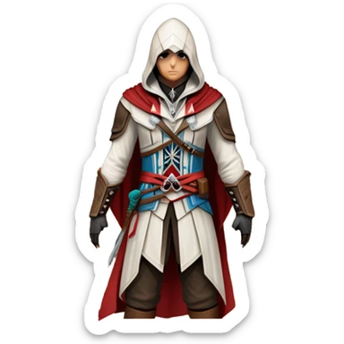 icon featuring Assasin's Creed in an iconic assassin's hood, standing tall against the backdrop of Florence. The design captures the essence of adventure, with intricate details of historical architecture and a sense of mystery. The character is poised, ready for action. transparent background. sticker