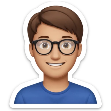 a man in his early 20s wearing glasses for a tech company, extroverted, brown hair sticker