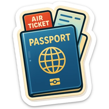 vector-style drawing of a closed passport with one ticket sticking out from the side and another from the top, in a retro sticker style with bold outlines and glossy highlights sticker