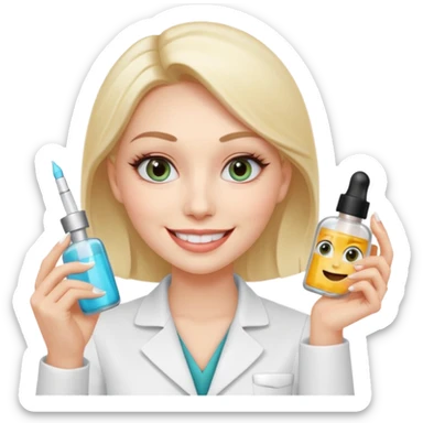 A smiling beautician with cold, calculating eyes, pointing at your cheek while holding an expensive serum bottle. Fake smile, predatory vibe. sticker