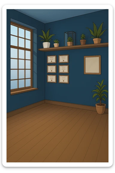 PRENDI SPUNTO DAI COLORI E DALLO STILE DELLA STANZA CON L'UOMO CON IL CAMICE E faMMI QUESTA STANZA VUOTA STILE MANGA/WEBTOON A COLORI SENZA LE PERSONE, SOLO LA STANZA. FALLA MOLTO PIù LUMINOSA, NON LUCI GIALLE sticker