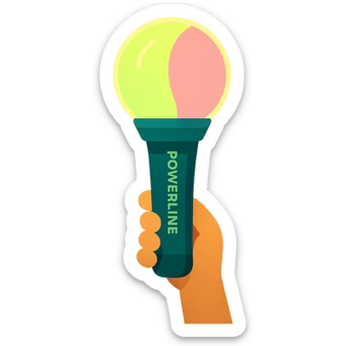 green and pink K-Pop lightstick with the keyword 'POWERLINE' on the handle, glowing, held up in a crowd at a concert, vibrant lighting sticker