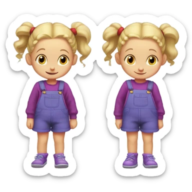 A little blonde girl with pigtails and little purple bows wearing a red long sleeved shirt and purple overalls, rugrats sticker