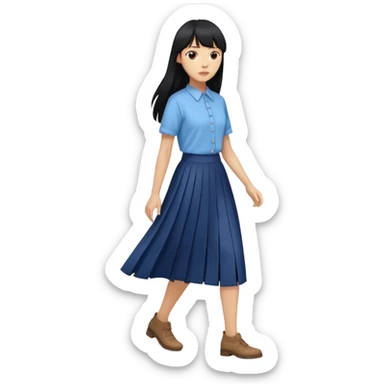 hair : black long hair with fringe 
skin : light 
cloth : oversize light blue shirt + navy long long skirt 
motion : walking 
carry: just hand sticker
