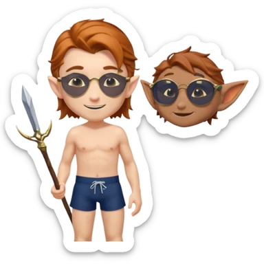 elf male legolas portrait, classic navy swim trunks, timeless wayfarer sunglasses (tortoiseshell), windswept auburn hair, friendly smile, clear pointy ears, no background, centered emoji, iconic summer look sticker