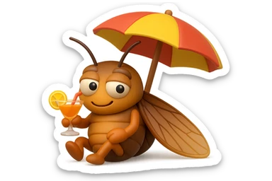 EMOJI STILE IPHONE 3D DI UNA CICALA CHE STA RILASSATA SEDUTA SOTTO L'OMBRELLONE IN SPIAGGIA CON UN COCKTAIL IN MANO, FAGLI GLI OCCHI CON LA PARTE BIANCA, NON SOLO LA PUPILLA sticker