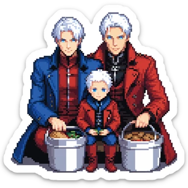 Dante and Vergil from Devil May Cry sitting together in a KFC family bucket, Dante in red coat, Vergil in blue coat, both with white hair sticker