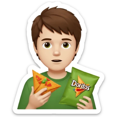 A white boy with messy brown hair eating Doritos while gaming on a green ipad sticker