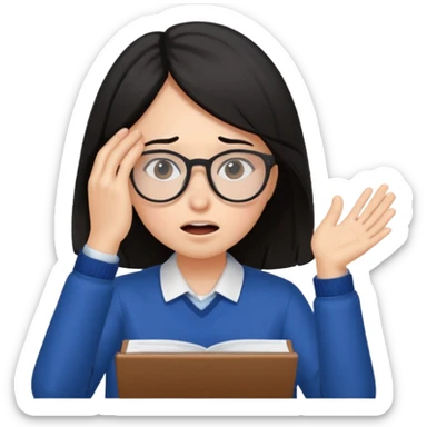 A dark-haired student panics during an exam, covering her face with her hands and not knowing what to do. sticker