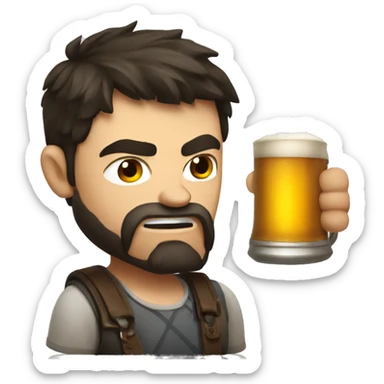 Young angry Russian guy with dark hair and beard holding a mug of beer  sticker