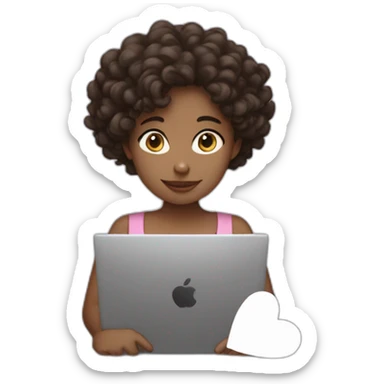 girl with curly dark brown hair with laptop and white hearts back her sticker