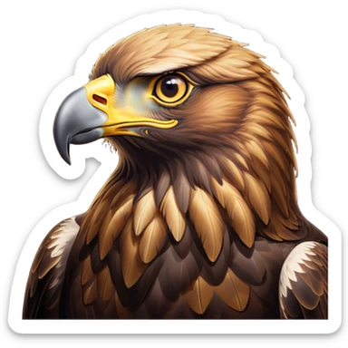 Cinematic Noble Golden Eagle Portrait Emoji, Poised and majestic, with a powerful, broad build, regal hooked beak, and piercing, intense eyes set against richly golden-brown plumage, Simplified yet sharp and sophisticated features, highly detailed, glowing with a soft, amber radiance, high shine, intelligent and commanding, stylized with an air of aerial supremacy, focused and determined, soft glowing outline, capturing the essence of a watchful and confident golden eagle that appears ready to soar out of the screen with effortless authority! sticker