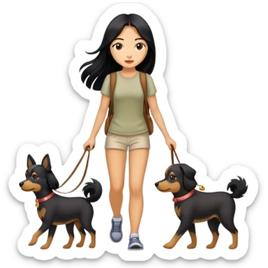 A girl with long black hair walking with three dogs sticker