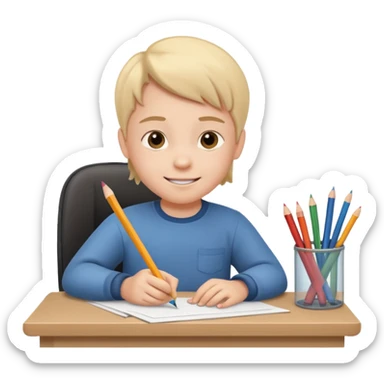 a smiling child working hard ata a desk sticker