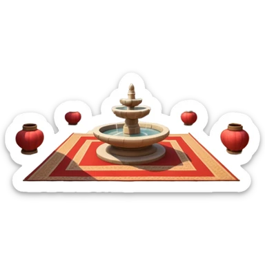 3D Apple-style emoji of a Turkish han courtyard. Square courtyard, small fountain, low arches, hanging lanterns, stacked carpets. Rounded, glossy, soft shadows, bright daylight, white background.





 sticker