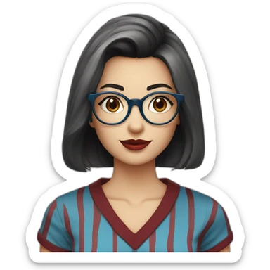 a woman face with grey eyes, a dark red shag haircut, transparent vintage style glasses, a round face and a black and blue striped shirt sticker