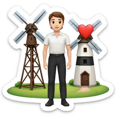 a white man with brown hair and a white shirt and black pants standing next to a windmill with a heart  sticker