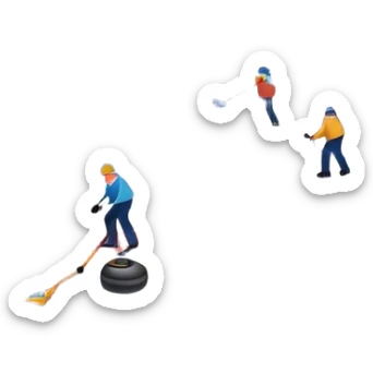 please, An icon featuring the curling rink, with its distinctive circles, and a vibrant crowd in the stands. Snowflakes fall outside the arena, and bright lights illuminate the ice. a curling stone sliding across the ice, with a broom nearby. Transparent background. sticker