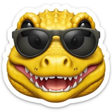 Cocodrilo feliz con boca cerrada mirando de frente que tengan lentes negros y sea color amarillo con fondo blanco sticker