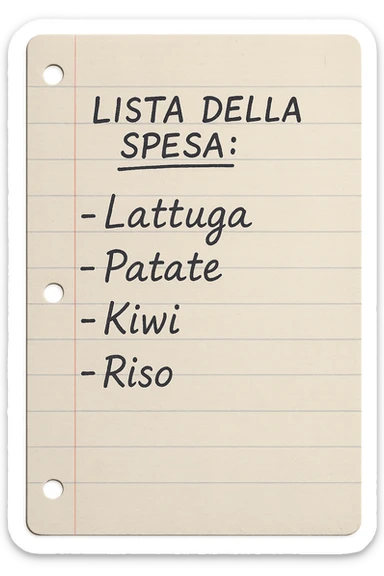 FOGLIO DI CARTA A RIGHE CON LISTA DELLA SPESA SCRITTA A PENNA:
"LISTA DELLA SPESA:
- Lattuga
- Patate
- Kiwi
- Riso", iperealistico 4k sticker