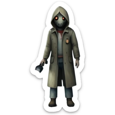 An icon depicting a dark, foggy street with eerie, abandoned buildings, inspired by Silent Hill 2. The design features a mysterious figure holding a flashlight, casting long shadows. A chilling atmosphere is created by dim lighting and unsettling details. Transparent background. sticker